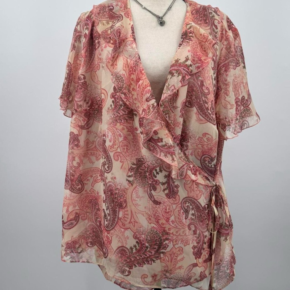 Women’s pink floral Paisley chiffon Wrap Blouse Women’s sz 18W Ruffle trim